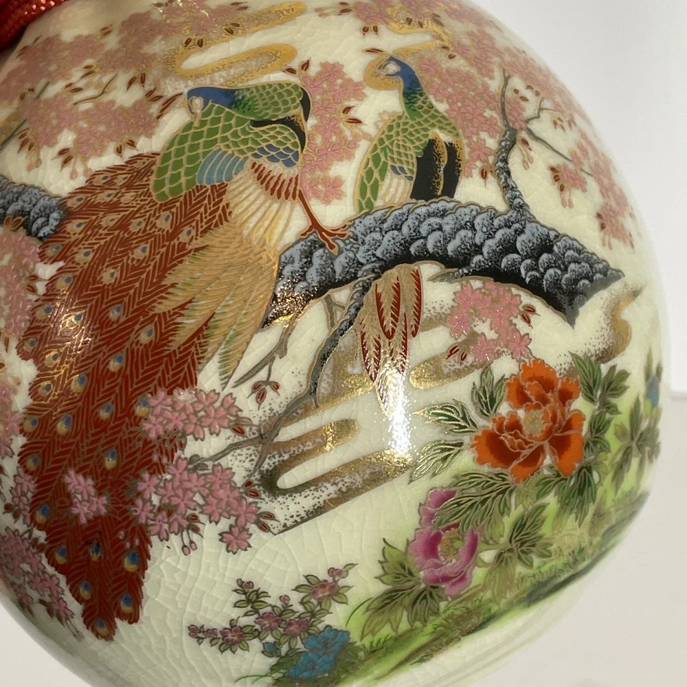 Japanese Satsuma Peacock Crackle Glaze Money Bag‎ Vase Red Tassel Gold Moriage